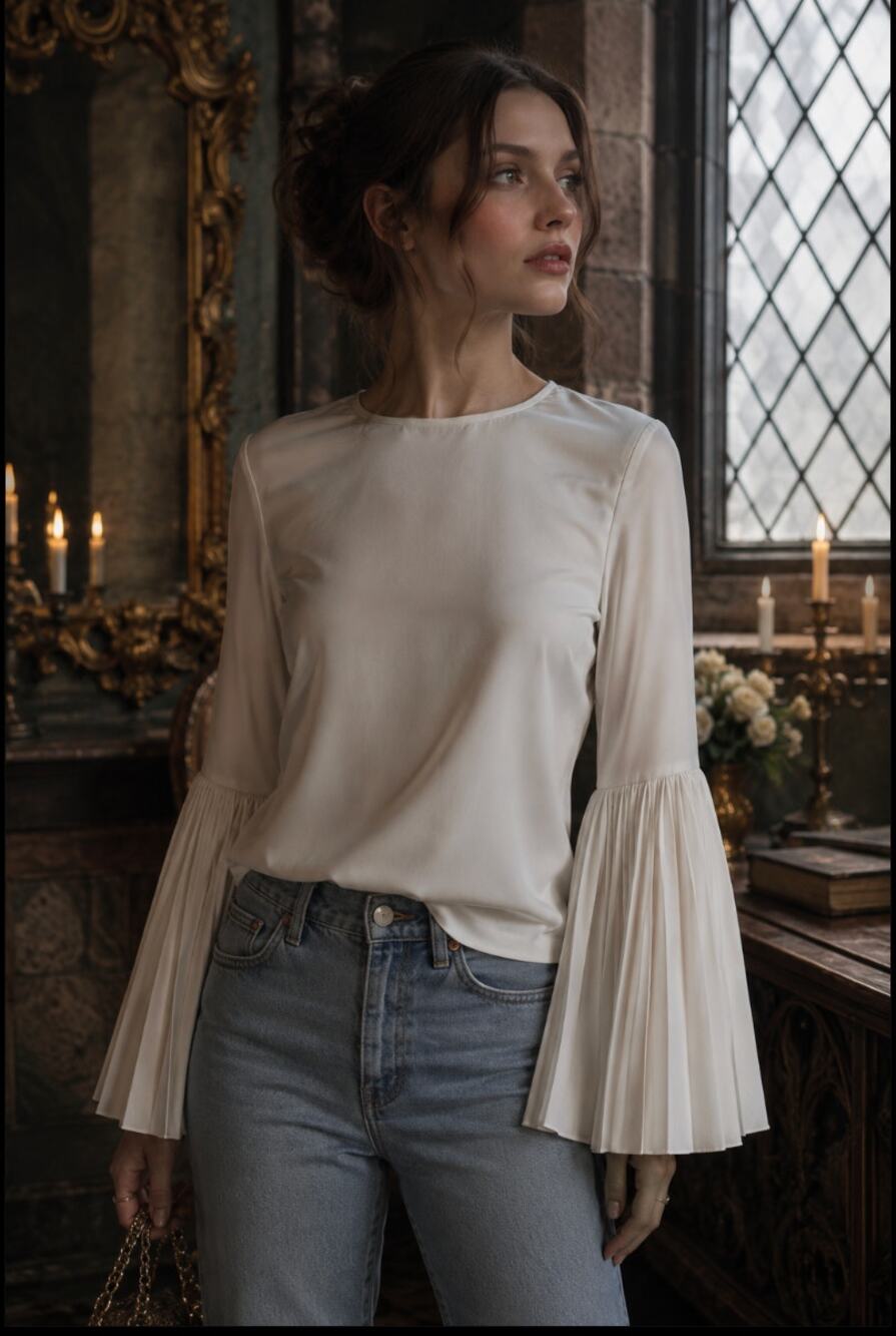 Asilio Built Of Glass Top White Long Pleat Sleeve Blouse XS Victorian CastleCore